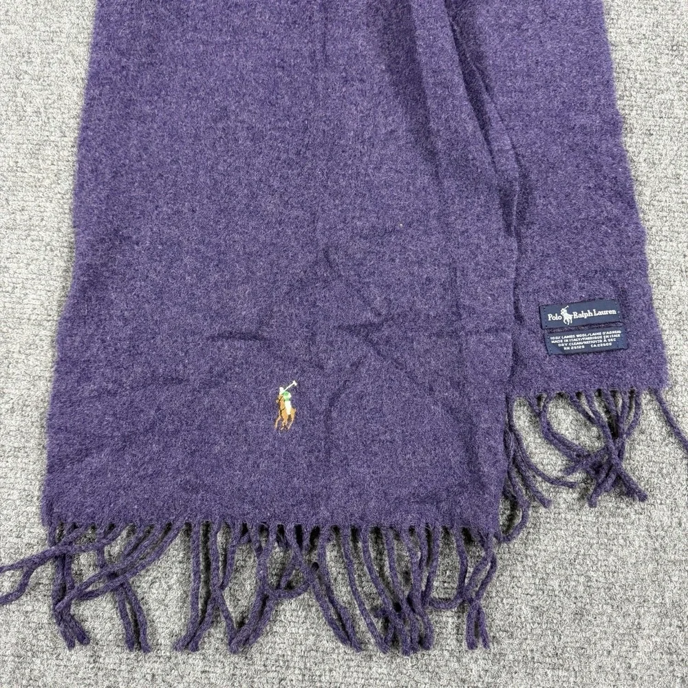 Vintage Polo Ralph Lauren Lambs Wool Scarf Purple Tassel Fringe Flesh Pony Italy